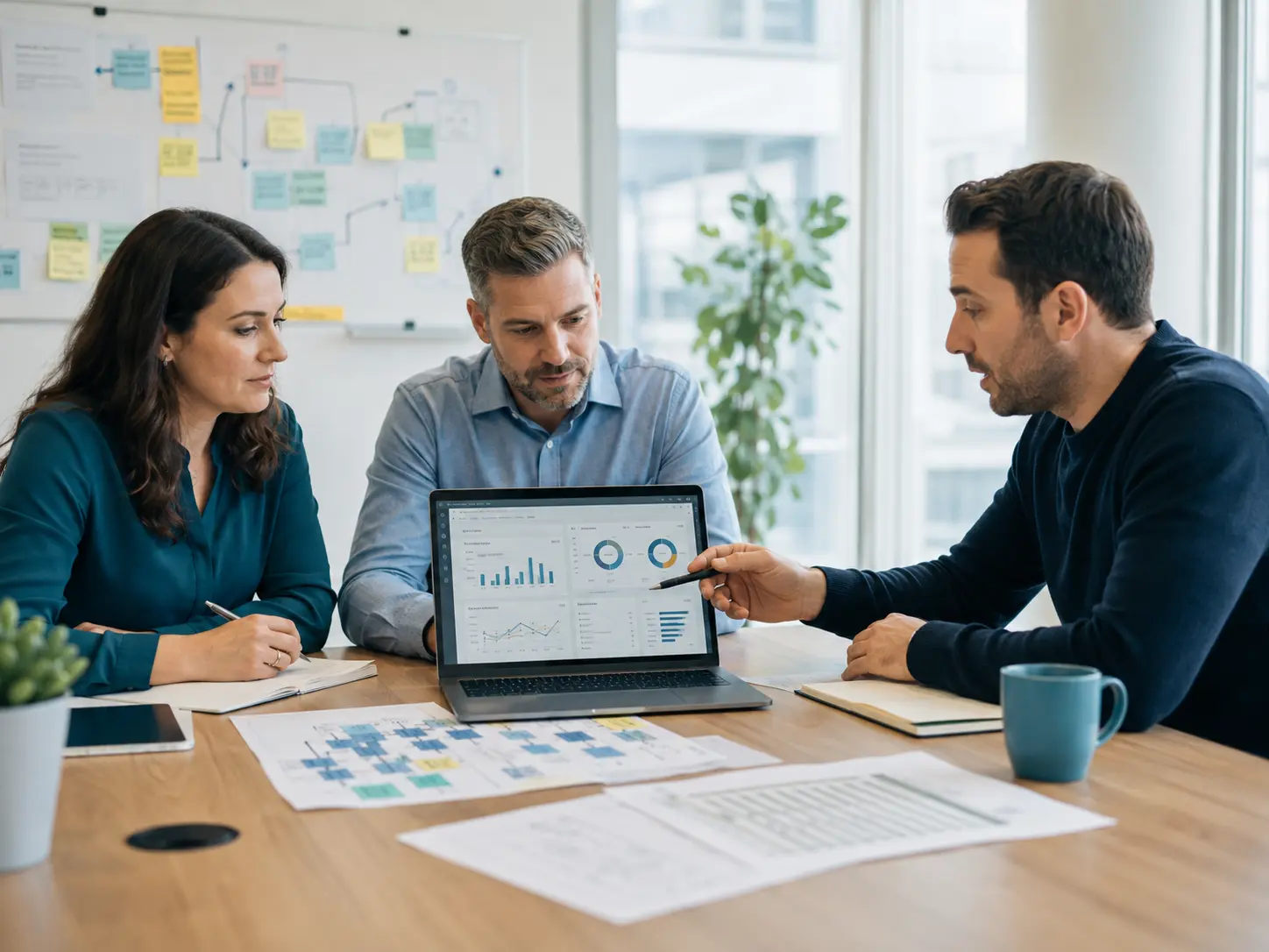Equipe analisando processos para planejar um sistema personalizado