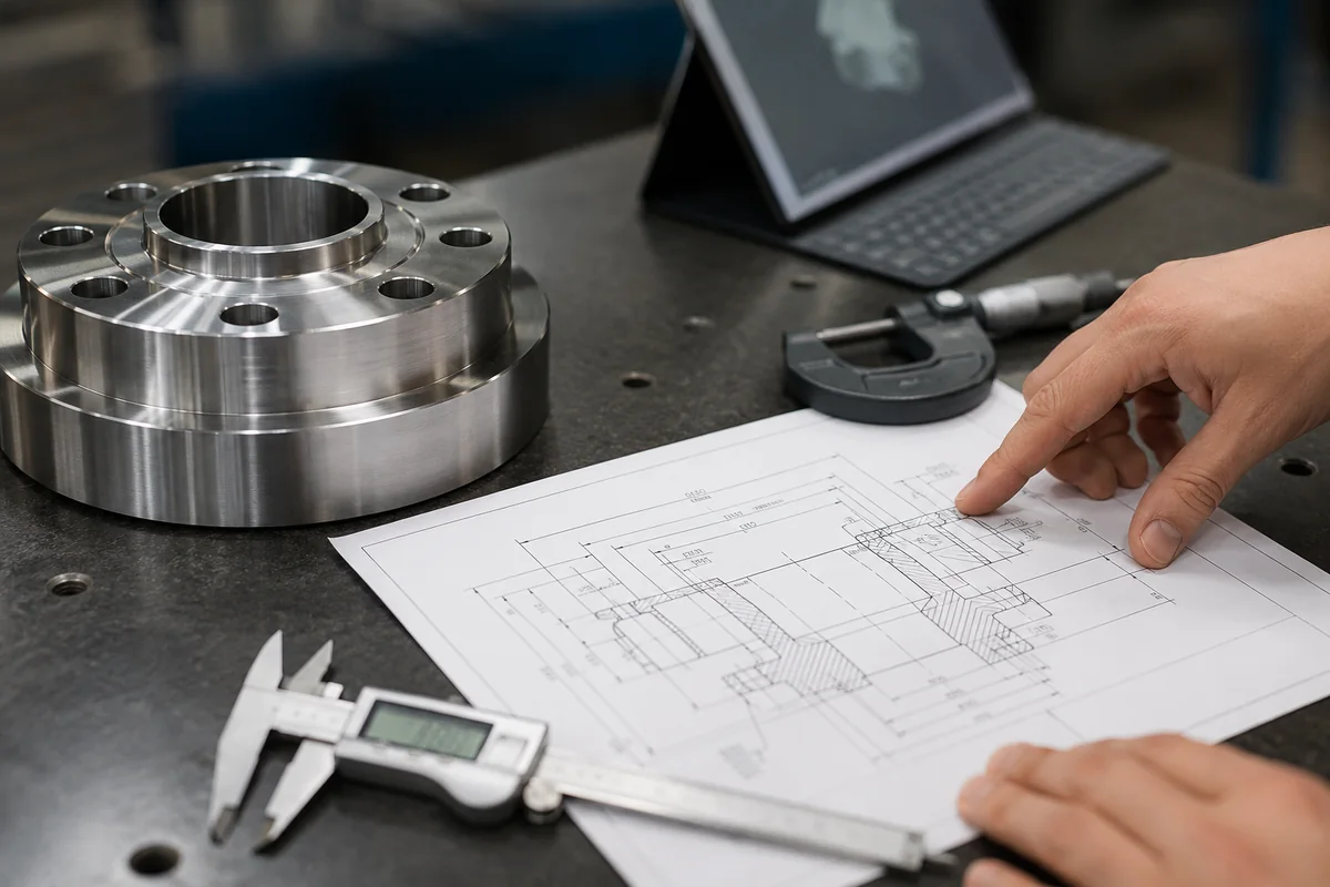Peça usinada, desenho técnico e instrumentos de medição sobre bancada para análise de projeto