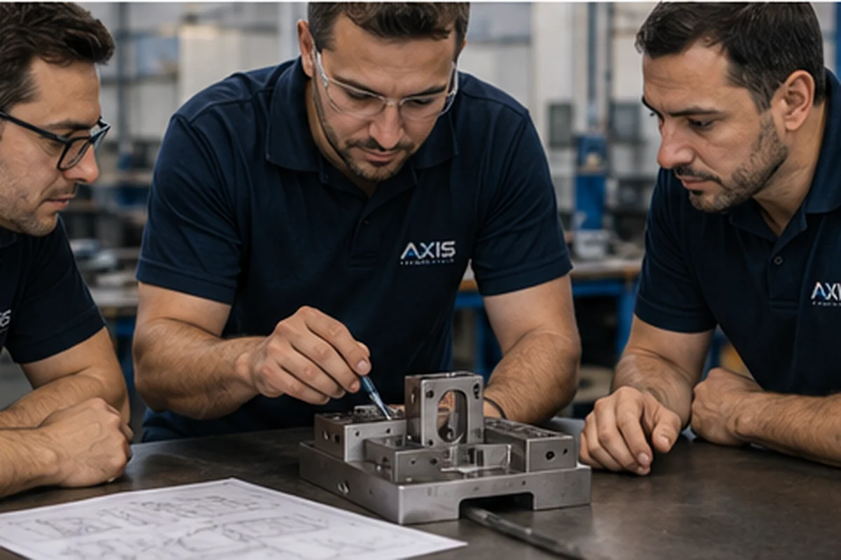Equipe técnica analisando dispositivo e desenho em ambiente de ferramentaria