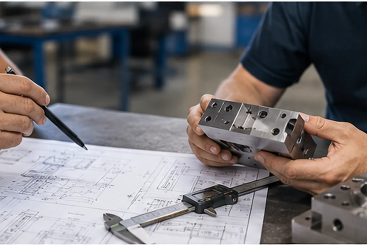Profissionais analisando desenho técnico e componente usinado em bancada industrial