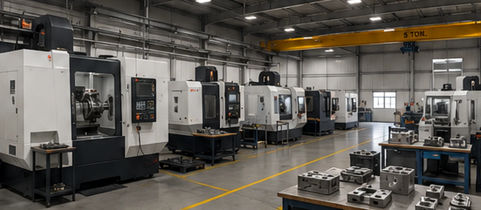 Parque fabril com máquinas CNC em ambiente industrial organizado