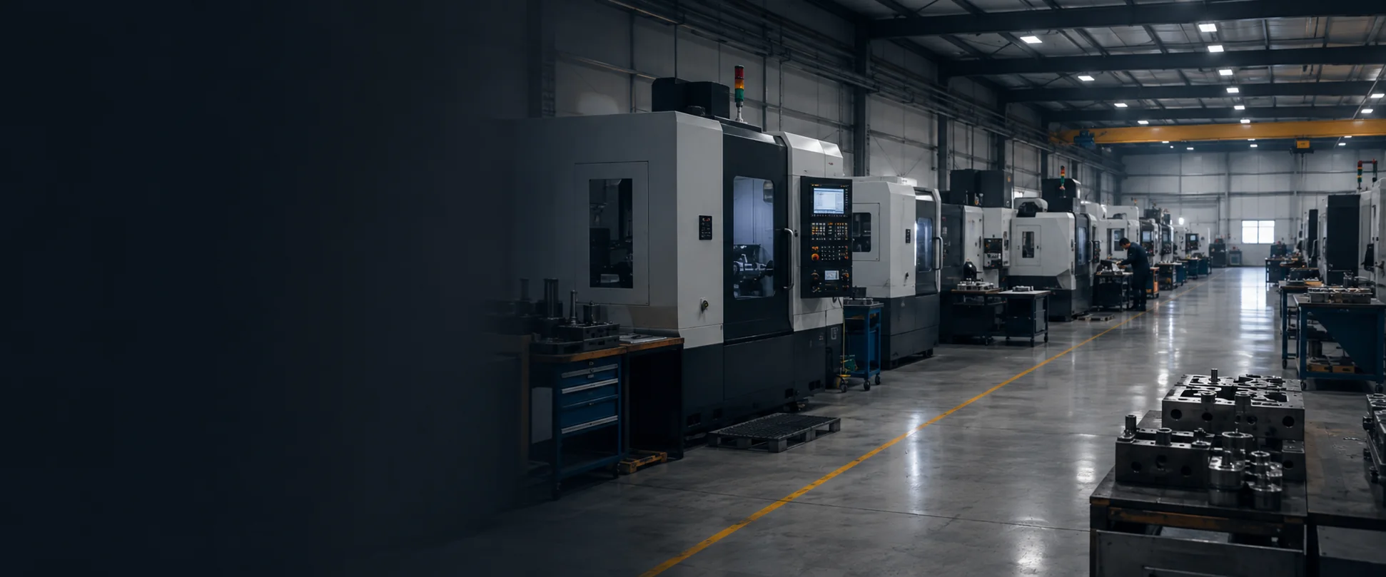 Ambiente de fábrica organizado com máquinas CNC, bancadas e fluxo de produção