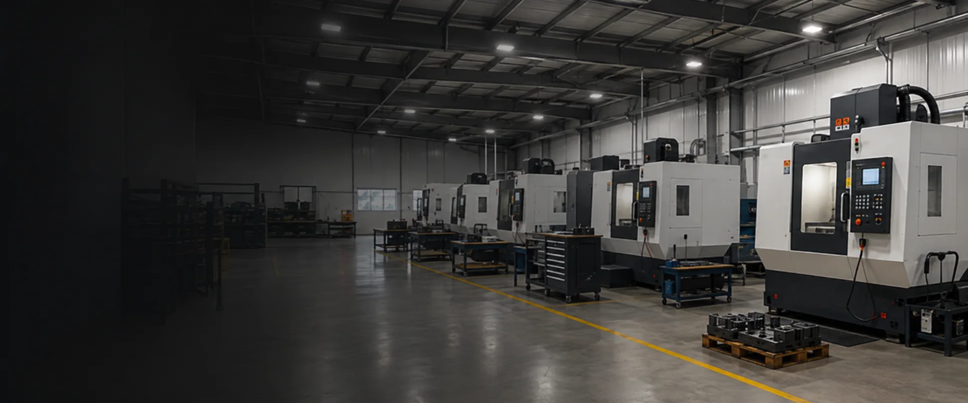 Parque fabril moderno com linha de máquinas CNC em ambiente industrial organizado