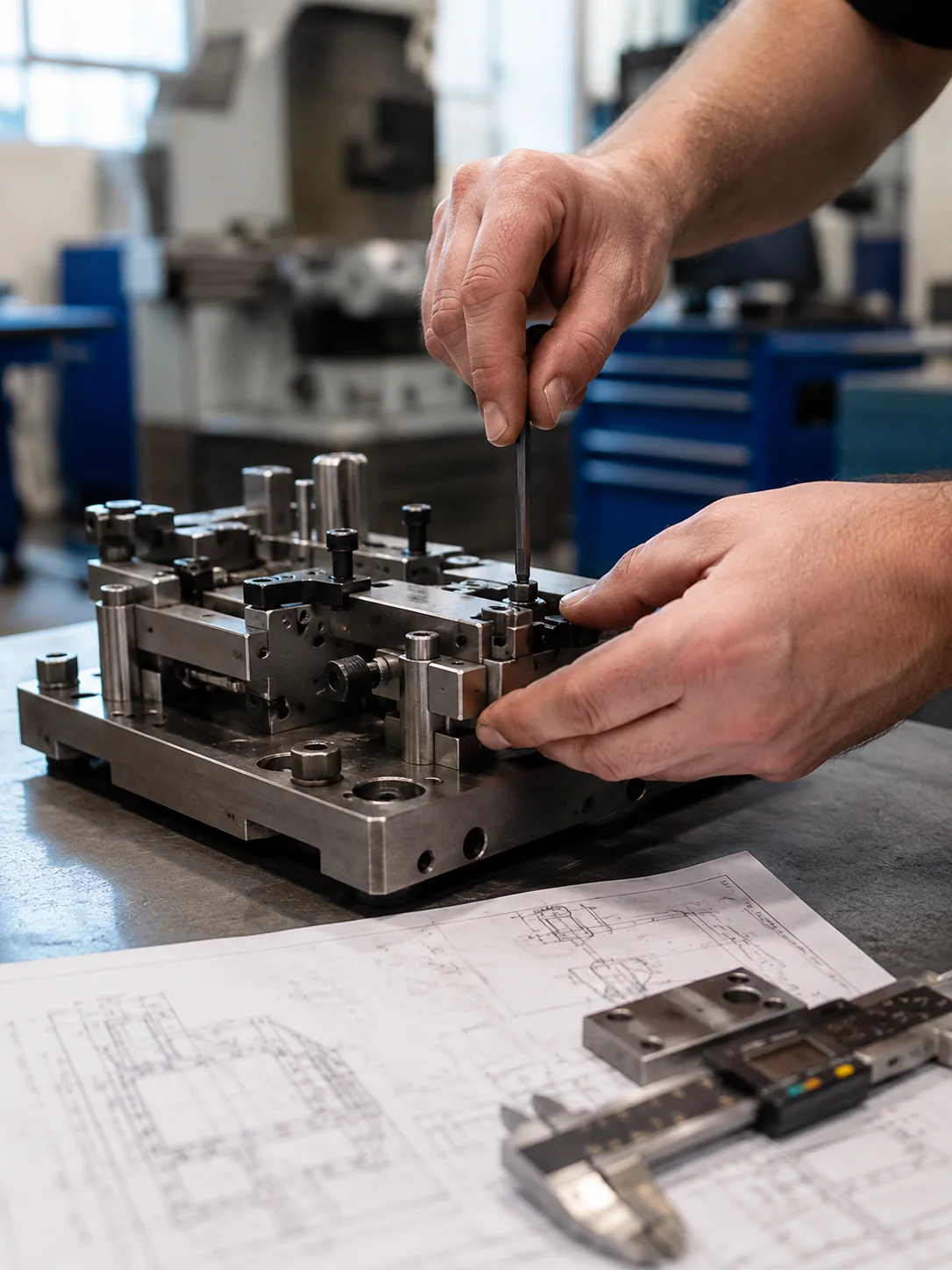 Mãos de ferramenteiro ajustando um dispositivo sobre bancada industrial com desenho técnico