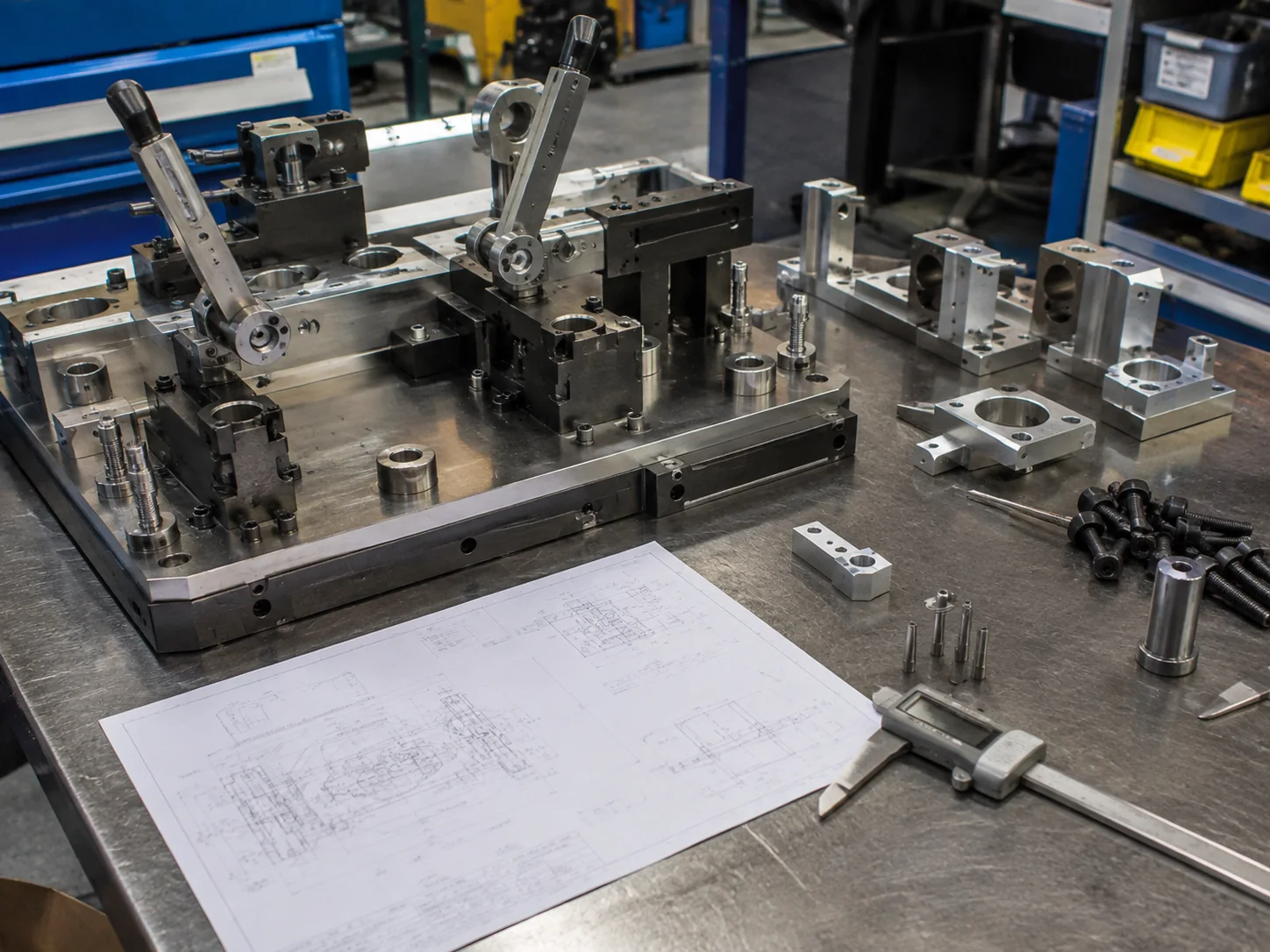 Conjunto de ferramentaria com desenho técnico, componentes e instrumento de medição sobre bancada