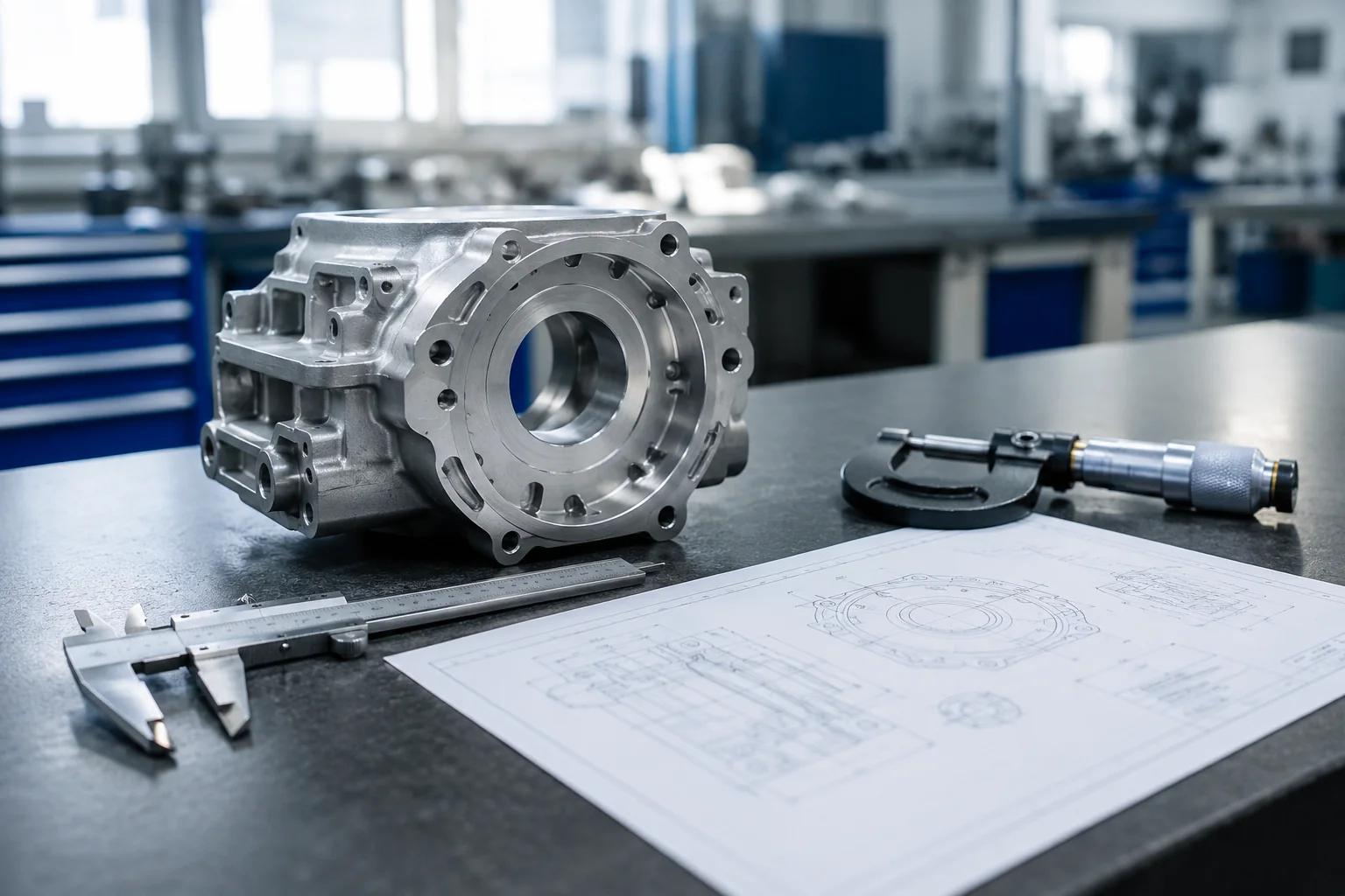 Componente usinado em ambiente CNC com ferramenta e bancada industrial