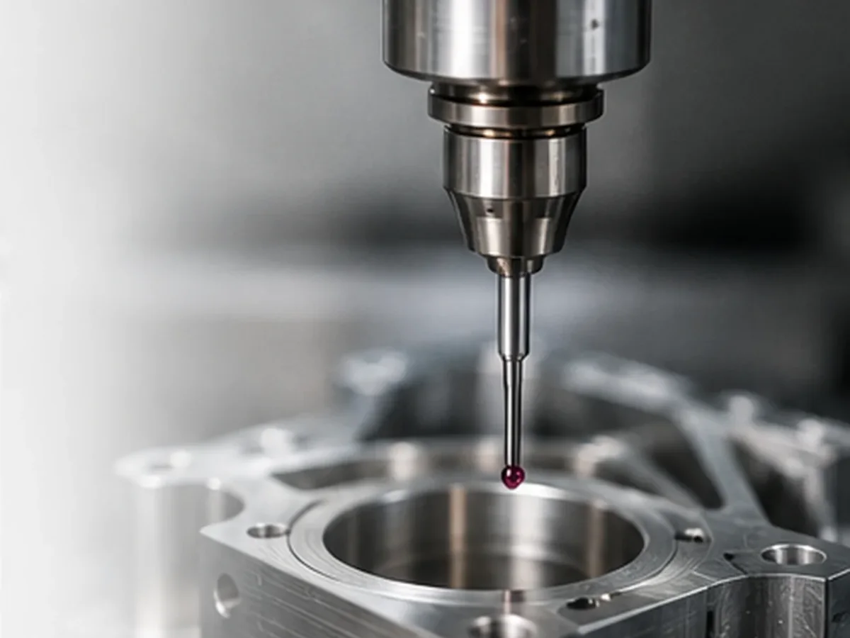 Sonda de medição verificando componente usinado com precisão