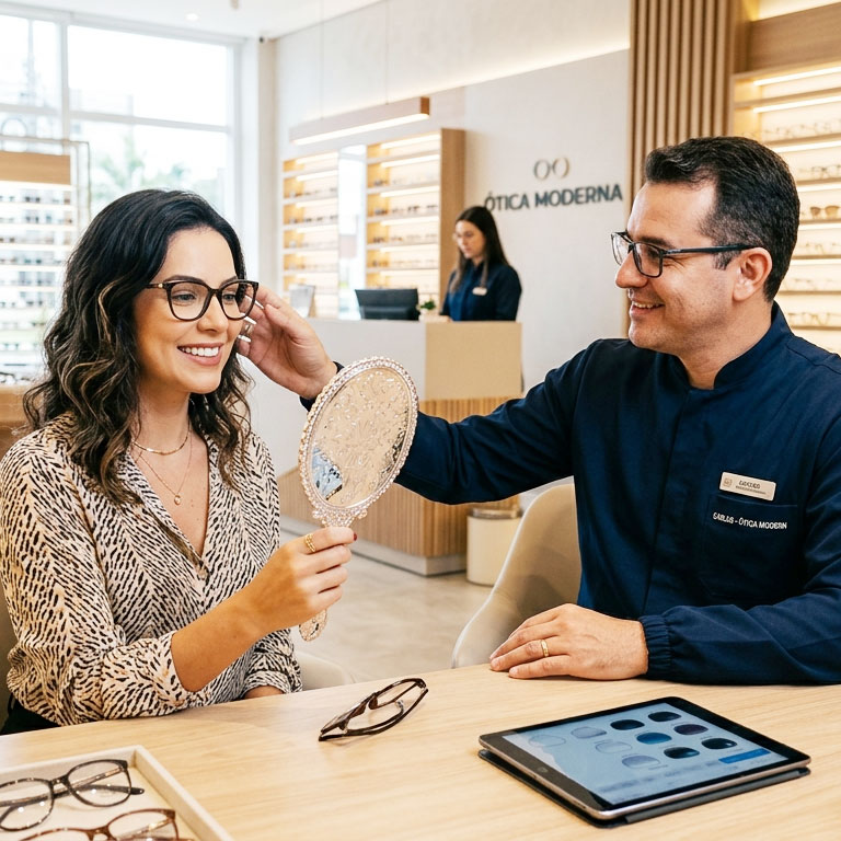 Cliente sorrindo usando óculos em ambiente moderno